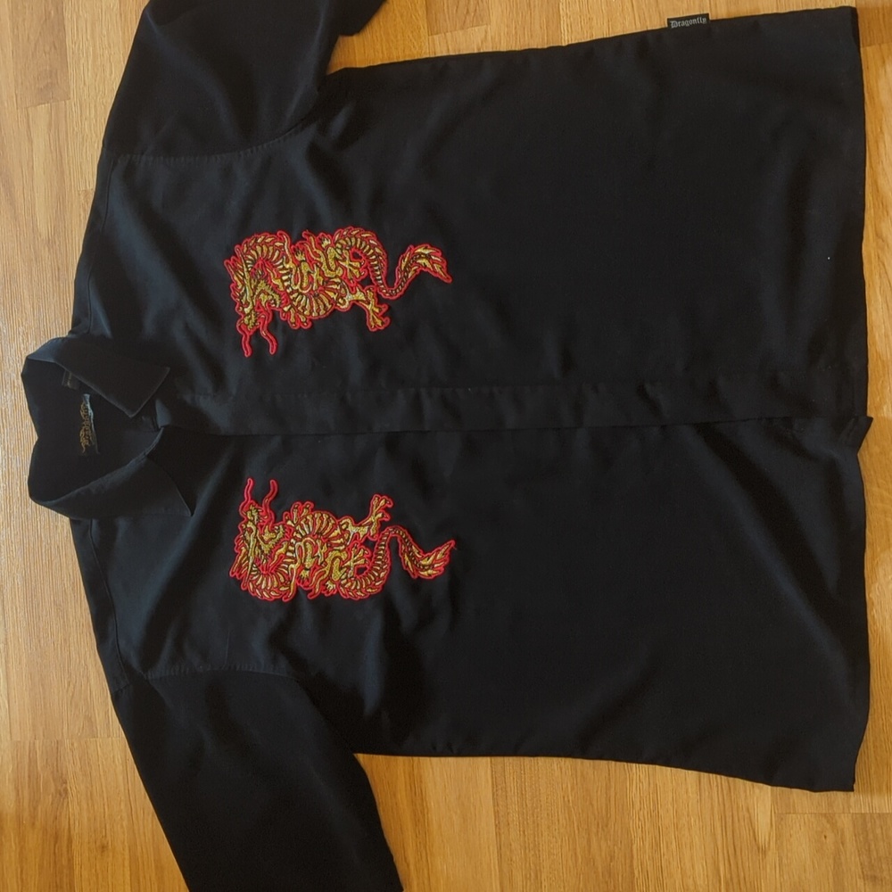 Dragonfly Clothing Company XL Black‎ Shirt Red Gold Embroidered Dragon Y2K 601